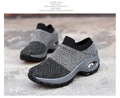 Women's knitted sock sneakers with chunky platform sole in black gray mesh air cushion on Tampa Home & Garden Store