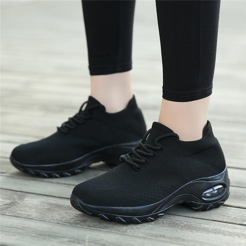 Women's black knit mesh chunky sneakers with platform sole and aircushion lace-up walking shoes on Tampa Home & Garden Store