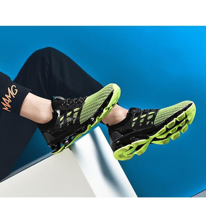 Stevvex men's running sneakers, black mesh upper with neon green accents and lime outsole on Tampa Home & Garden Store