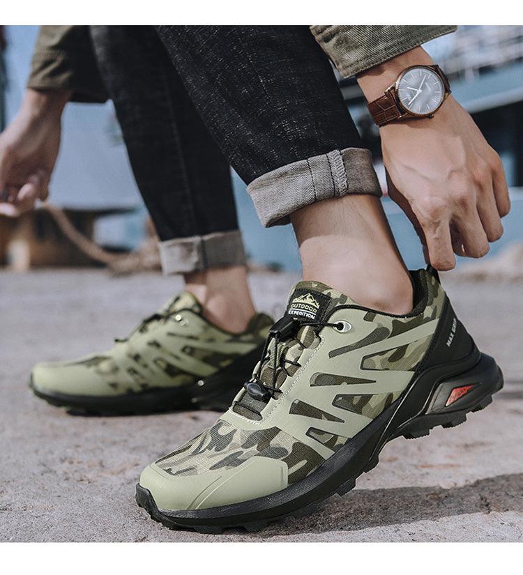 Stevvex men's camo outdoor hiking shoes, olive green runners with non-slip sole on Tampa Home & Garden Store