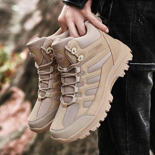 Stevvex winter walking boots for men, tan rugged outdoor hiking shoes with lug sole on Tampa Home & Garden Store