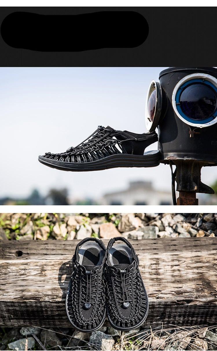 Men's black hand-woven espadrille sandals, Stevvex, non-slip outdoor beach pair on Tampa Home & Garden Store