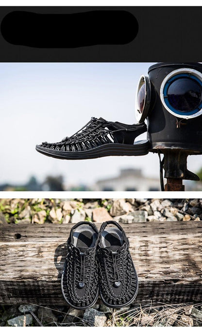 Men's black hand-woven espadrille sandals, Stevvex, non-slip outdoor beach pair on Tampa Home & Garden Store