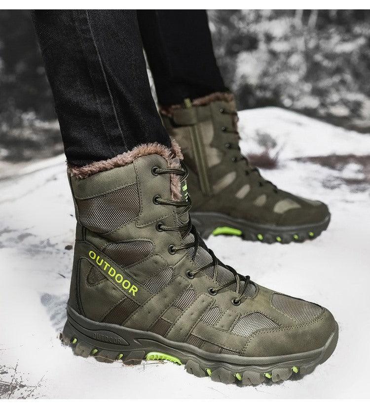 Stevvex men's outdoor hiking boots mid-cut olive green with fur collar, mesh panels, and rugged lime-green outsole on snow on Tampa Home & Garden Store