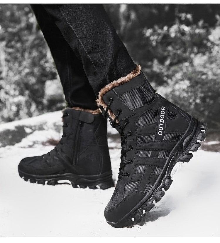 Mens outdoor hiking boots black mid-cut with fur lining and rugged lug outsole on Tampa Home & Garden Store
