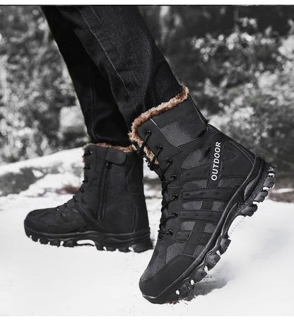 Mens outdoor hiking boots black mid-cut with fur lining and rugged lug outsole on Tampa Home & Garden Store