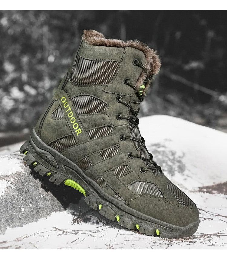 Mens outdoor hiking boots Stevvex mid-cut green with fur lining, rugged tread on snow on Tampa Home & Garden Store