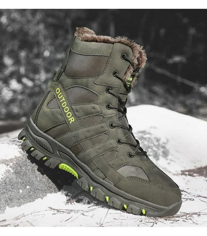Mens outdoor hiking boots Stevvex mid-cut green with fur lining, rugged tread on snow on Tampa Home & Garden Store