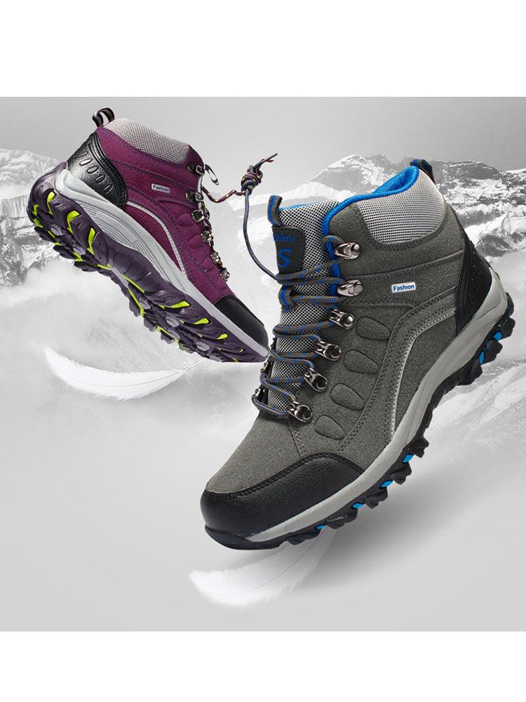 Stevvex hiking boots pair, gray boot with blue laces and purple ankle boot, rugged lug outsole on Tampa Home & Garden Store