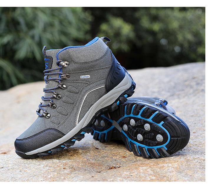 Stevvex hiking boots pair, gray/blue, lace-up, breathable wear-resistant anti-slip outsole on Tampa Home & Garden Store
