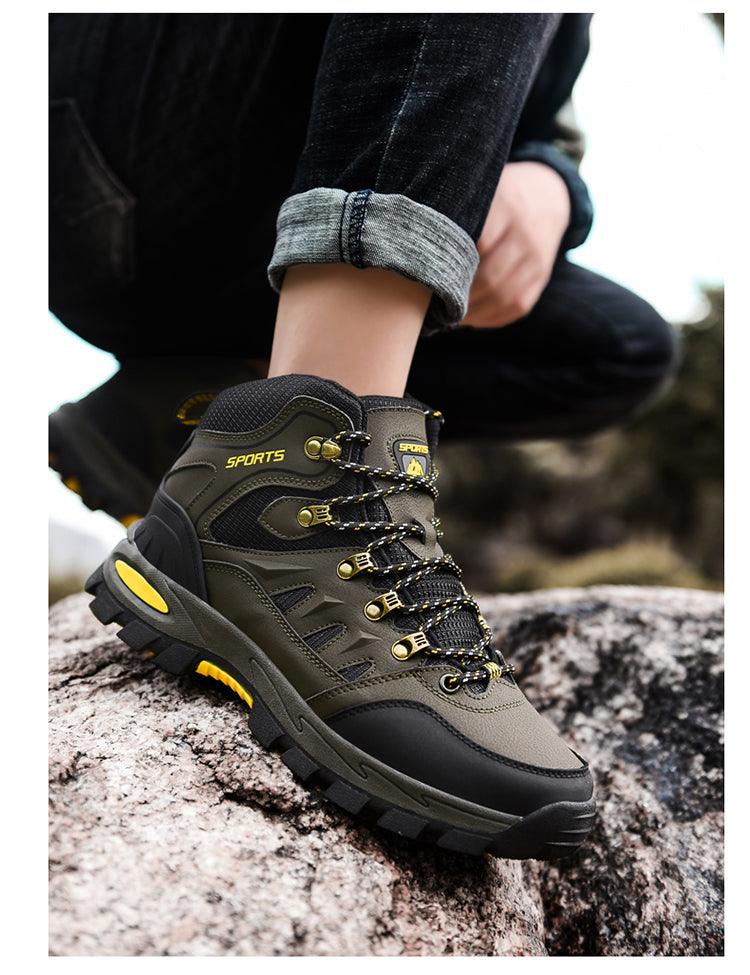 Stevvex olive green leather high-top hiking boots with rugged outsole and yellow accents on Tampa Home & Garden Store