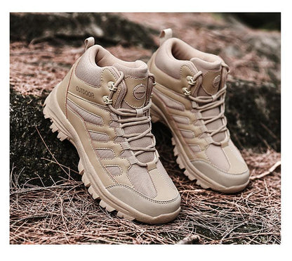 Pair of Stevvex winter walking boots, tan outdoor hiking ankle boots with rugged lug outsole on Tampa Home & Garden Store