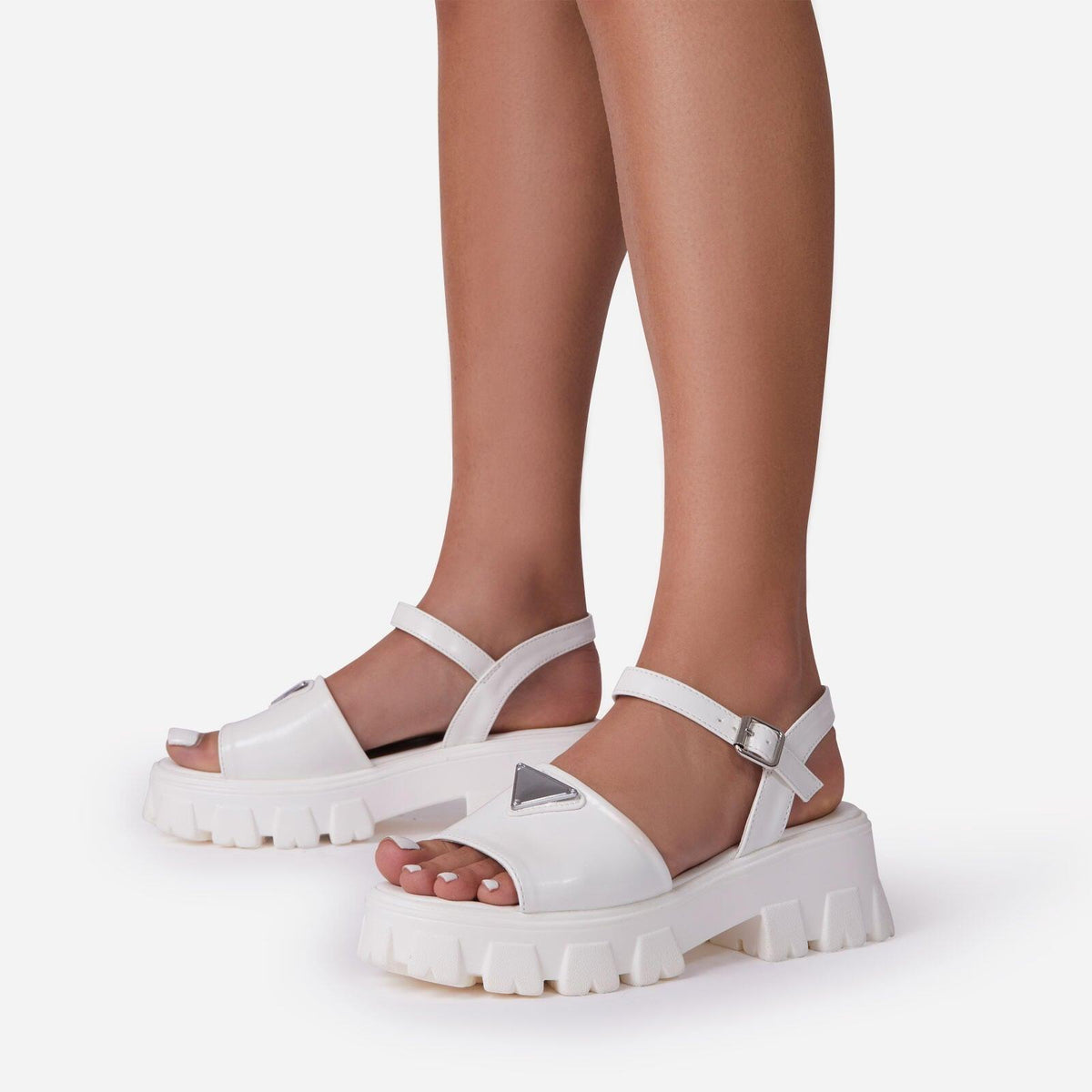 Stevvex white platform sandals with buckle ankle strap and thick sole with triangle accent on Tampa Home & Garden Store