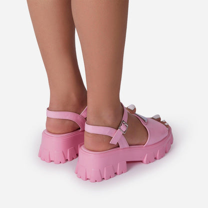 Stevvex pink platform sandals for women with open toe and buckle ankle strap on Tampa Home & Garden Store