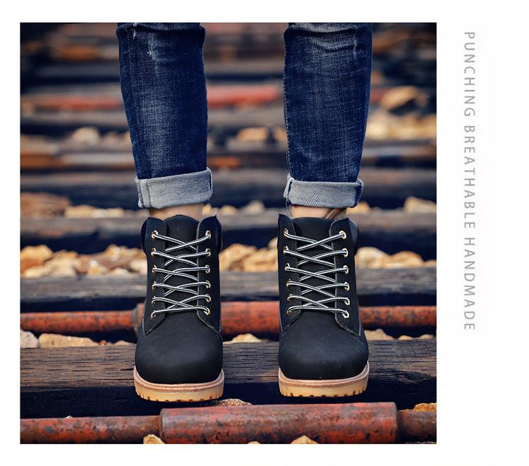 Stevvex men's black leather lace-up boots with light laces and tan sole on Tampa Home & Garden Store