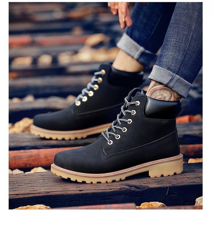 Stevvex men's black leather winter boots pair with fur lining, lace-up and rugged tan sole on Tampa Home & Garden Store