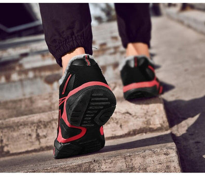 Stevvex winter leather sneakers black with red accents lace-up anti-slip waterproof casual shoes on Tampa Home & Garden Store