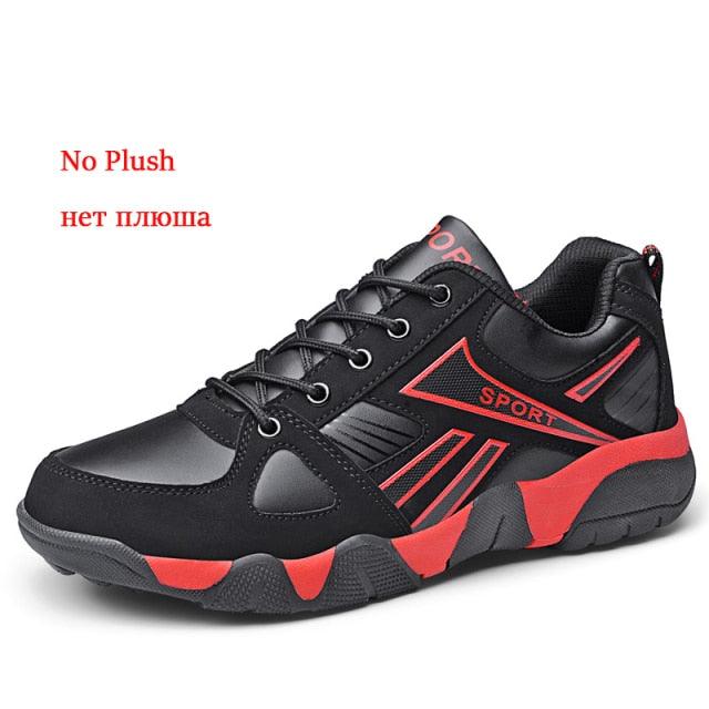 Stevvex men's leather sneakers black with red accents lace-up anti-slip casual walking shoes on Tampa Home & Garden Store