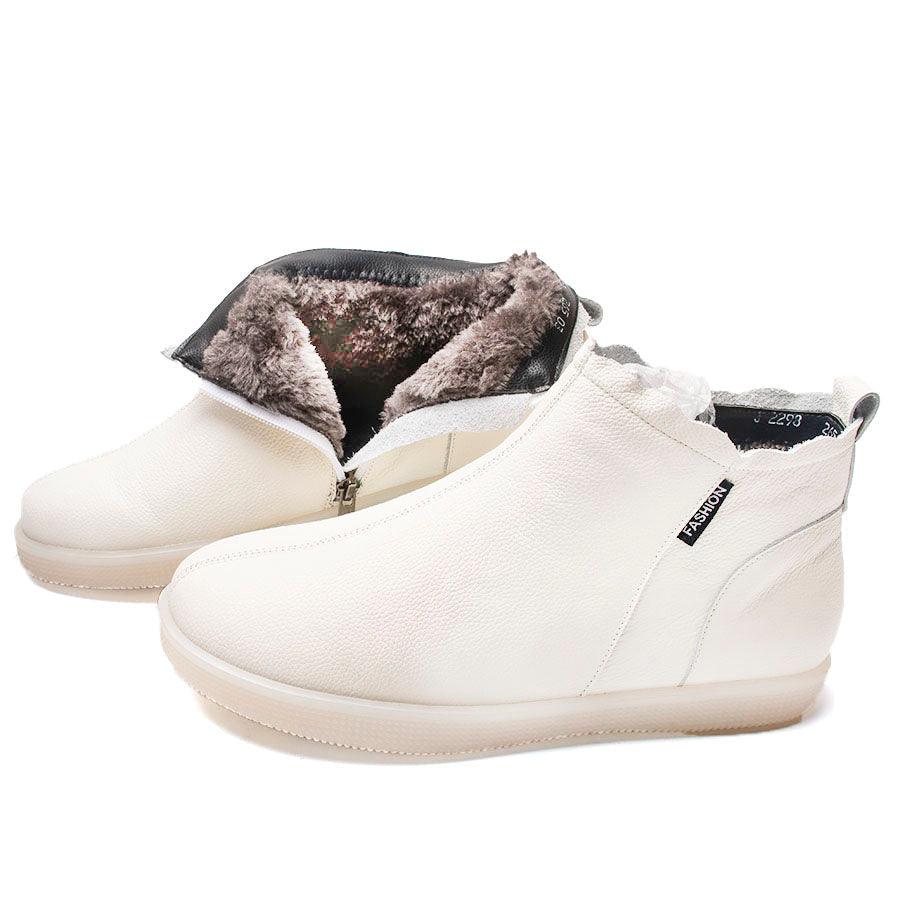 Stevvex women's genuine leather ankle boots with warm fur lining, waterproof slip-on cream boots on Tampa Home & Garden Store