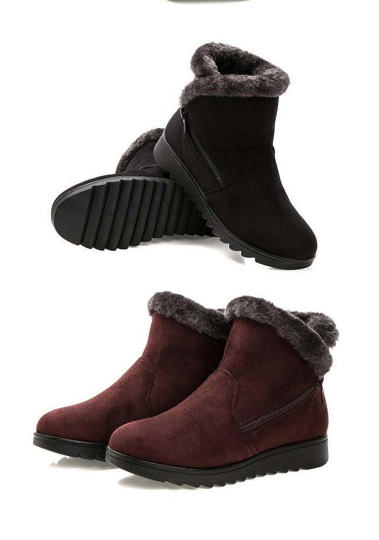 Stevvex women's ankle boots black and burgundy suede with plush fur trim and side zip on Tampa Home & Garden Store