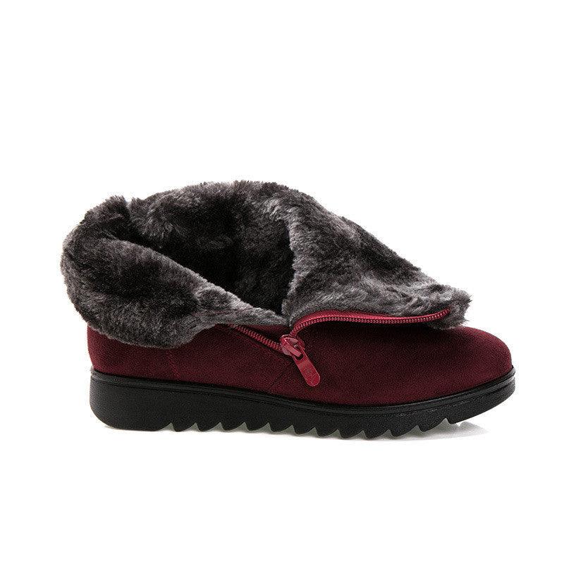 Stevvex red womens ankle boot with plush fur lining, side zipper, black platform sole on Tampa Home & Garden Store