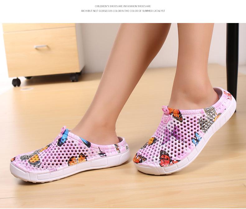 Stevvex women's slip-on quick-dry mesh clogs in pink butterfly print, beach slippers on Tampa Home & Garden Store
