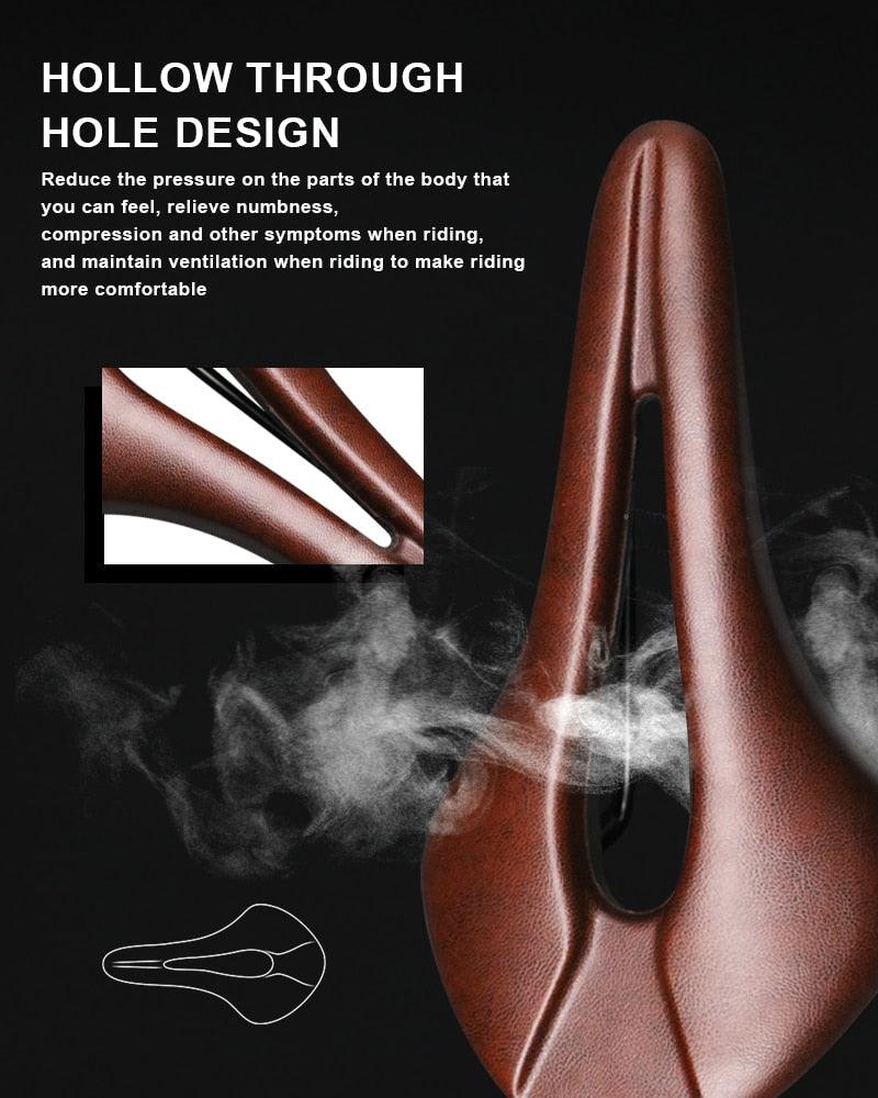 Stevvex hollow bike saddle in brown PU leather with memory foam padding for road bikes on Tampa Home & Garden Store