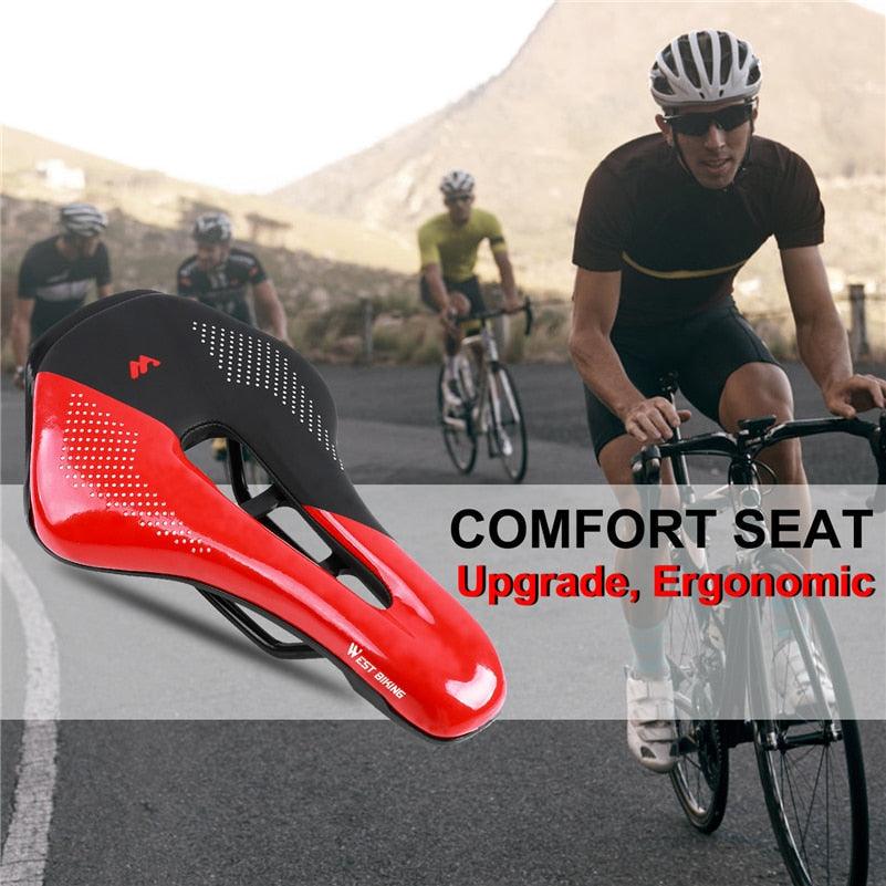 Leather bike saddle red and black with perforated top, West Biking logo, ergonomic comfort design on Tampa Home & Garden Store