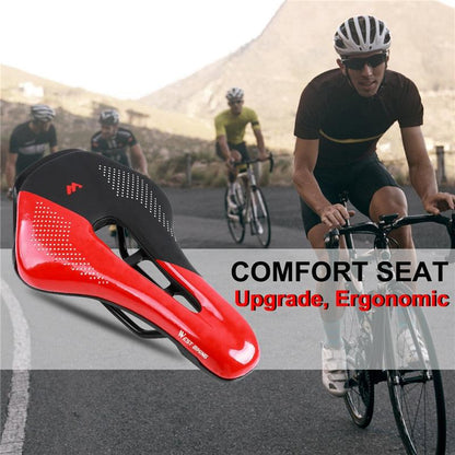 Leather bike saddle red and black with perforated top, West Biking logo, ergonomic comfort design on Tampa Home & Garden Store