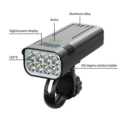 Stevvex 8-LED bicycle front light 10000mAh USB rechargeable IP65 aluminum alloy with 360-degree rotatable handlebar mount on Tampa Home & Garden Store
