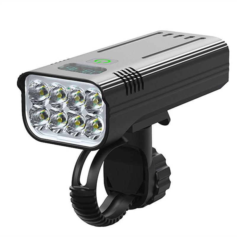 Bicycle front light Stevvex with 8 LEDs IP65 waterproof USB rechargeable mounted on clamp on Tampa Home & Garden Store