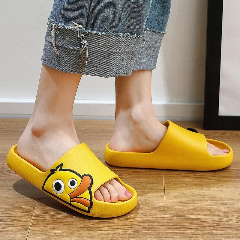Slippers Stevvex yellow duck-face slides, EVA open-toe with thick platform sole, pair on feet on Tampa Home & Garden Store