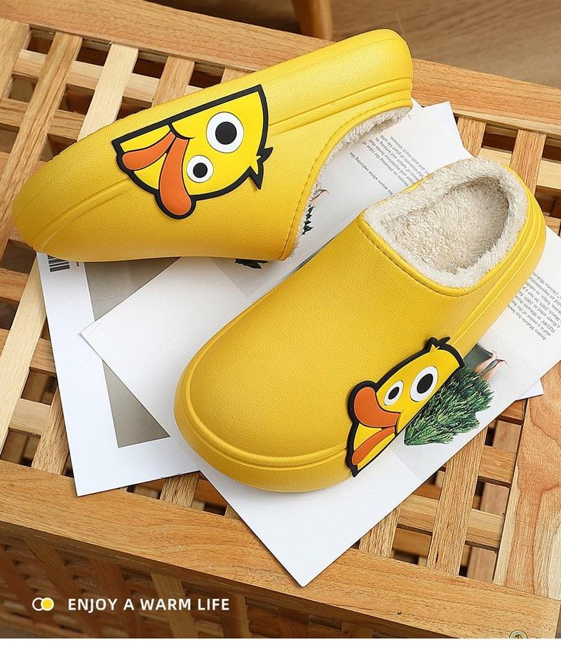 Stevvex yellow slippers with duck graphic, fleece lining, EVA open back slides pair on Tampa Home & Garden Store