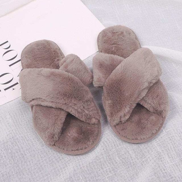 Stevvex women's warm fluffy faux fur slippers pair cross-band taupe, memory foam, indoor comfort on Tampa Home & Garden Store