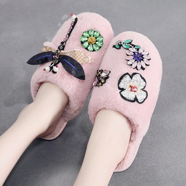 Pink plush fur slippers with jeweled floral embroidery and dragonfly charm pair on Tampa Home & Garden Store