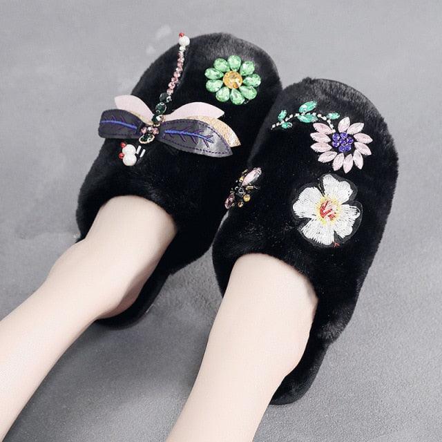 Stevvex black plush slippers with floral embroidery and jeweled dragonfly accent slip-on pair on Tampa Home & Garden Store