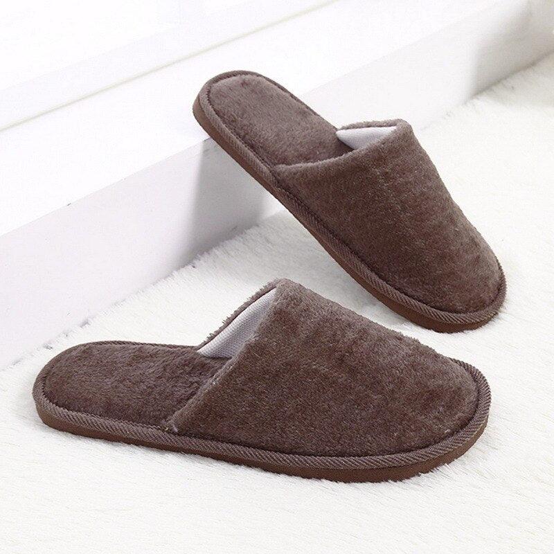 Simple solid plush slippers pair in brown with memory foam insole and non-slip indoor sole on Tampa Home & Garden Store