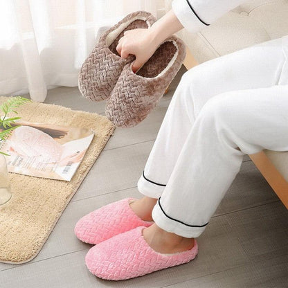 Stevvex plush memory foam slippers, two pink and brown pairs, cozy indoor non-slip house shoes on Tampa Home & Garden Store