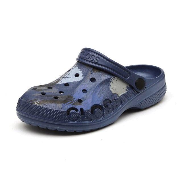 Stevvex camouflage men's clog sandals with perforated holes and strap, blue rubber garden shoes on Tampa Home & Garden Store