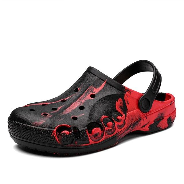 Stevvex men's black red garden clogs with holes back strap slip-on anti-skid sole on Tampa Home & Garden Store