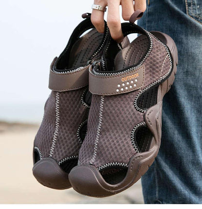 Men sandals Stevvex brown breathable mesh slip-on with closed-toe design and stitching on Tampa Home & Garden Store