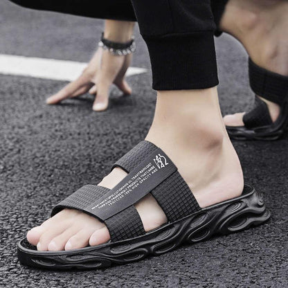 Stevvex men's memory foam slide sandal with textured black sole and grey strap on Tampa Home & Garden Store