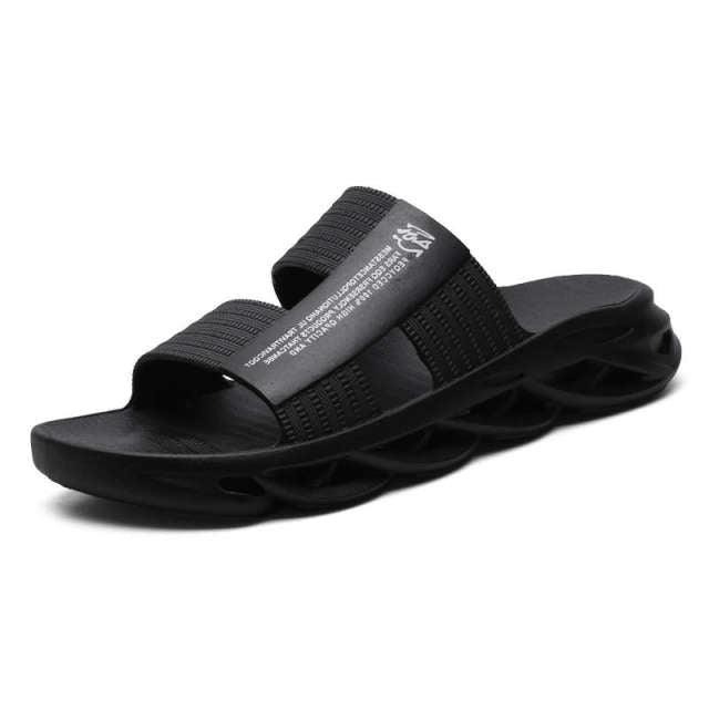 Men's Stevvex slide sandal black textured strap and contoured memory-foam sole on Tampa Home & Garden Store