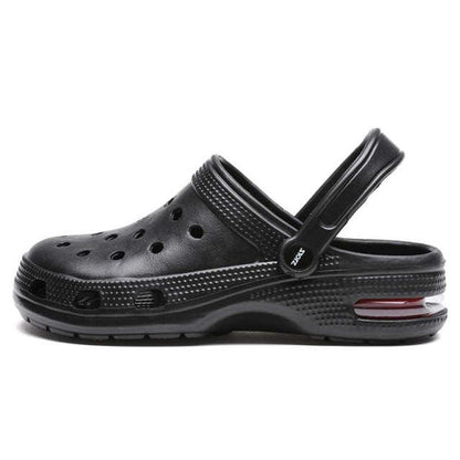 Stevvex black garden slippers with ventilation holes, slingback strap and cushioned sole on Tampa Home & Garden Store