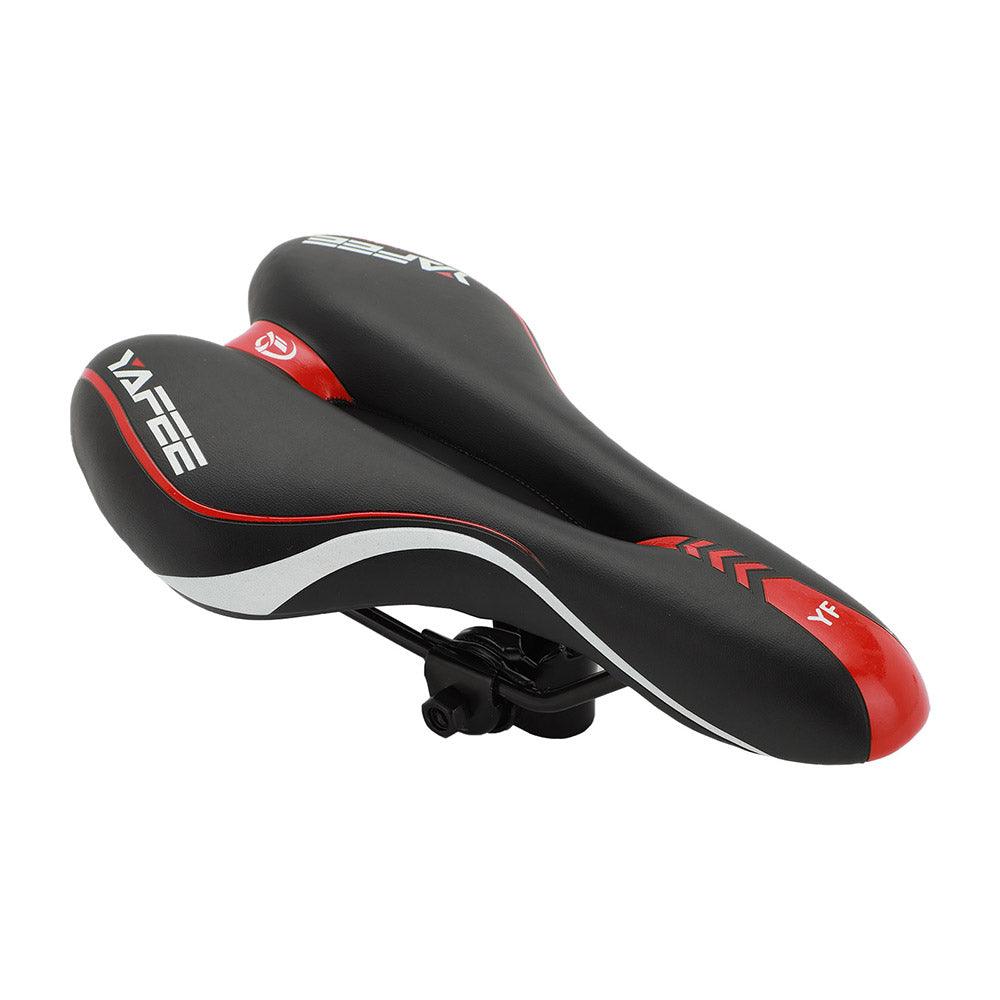 Stevvex sport bicycle saddle, black wide padded cushion with red trim and white side stripe on Tampa Home & Garden Store