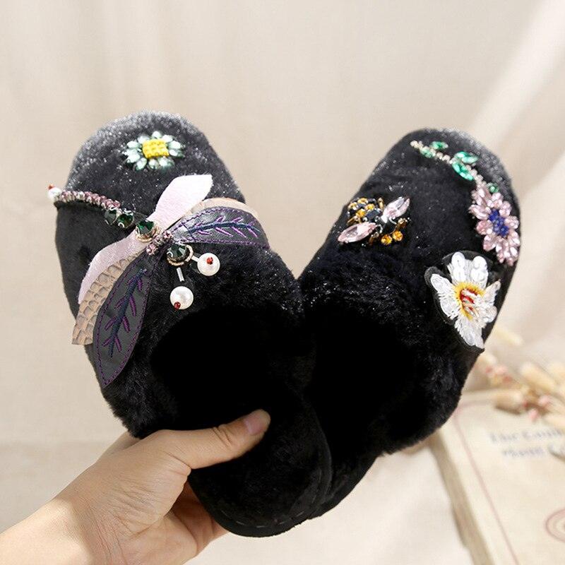 Winter plush black slippers with faux fur and bead embroidery slip-on indoor house shoes on Tampa Home & Garden Store