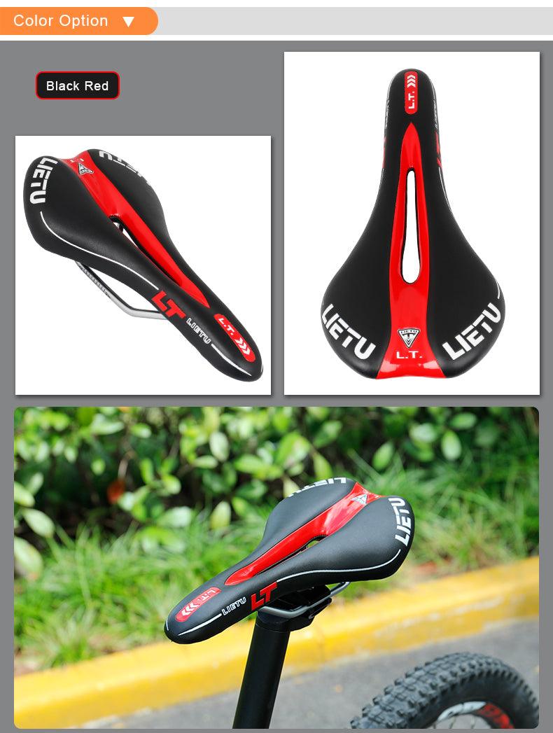 Stevvex bicycle saddle black red perforated ergonomic road bike seat with memory foam PU leather texture steel rails on Tampa Home & Garden Store