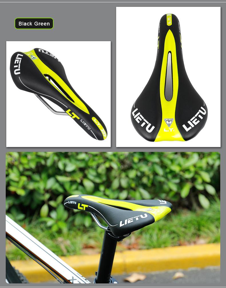 Bike saddle Stevvex Lietu ergonomic road seat perforated PU leather neon yellow/black steel rails on Tampa Home & Garden Store