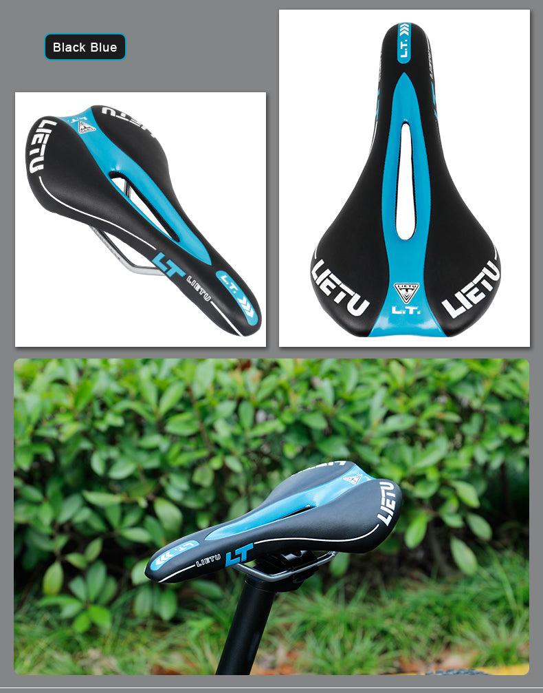 Bicycle saddle 3-view black blue PU leather steel rails ergonomic road seat on Tampa Home & Garden Store