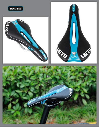 Bicycle saddle 3-view black blue PU leather steel rails ergonomic road seat on Tampa Home & Garden Store